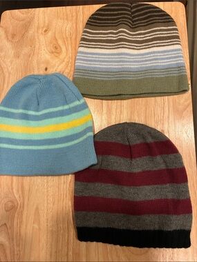 Kids Striped Knit Beanie - Light Blue, Olive, and Gray